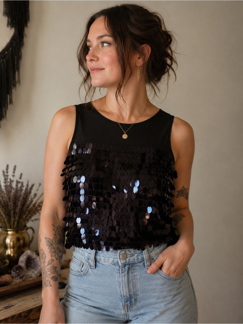 Black Sequin Statement Crop Tank – Size M